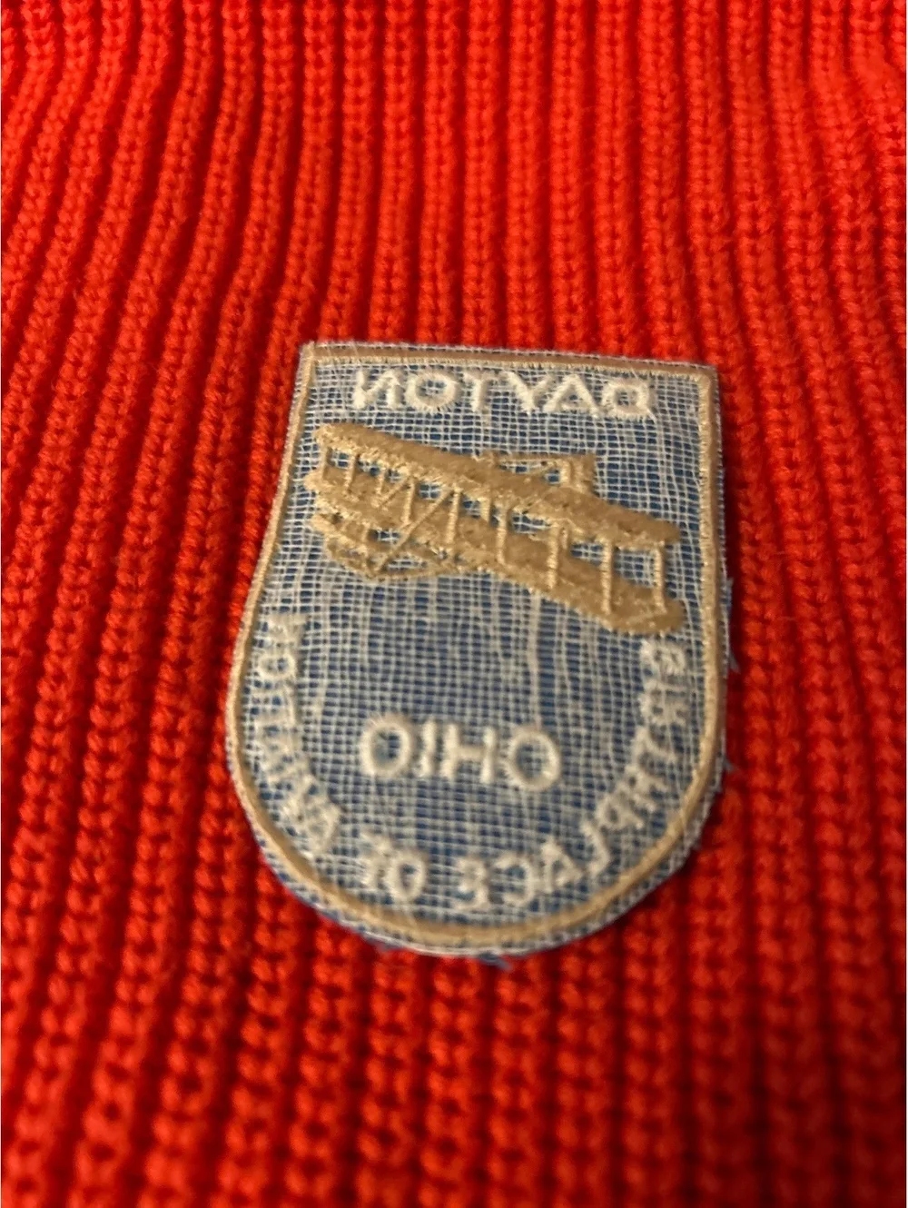 Vintage Dayton Ohio Birthplace of Aviation Patch on Red Knit Fabric